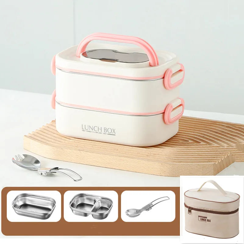 Fiambrera térmica de acero inoxidable 304 de doble capa de 1500ml con bolsa aislante, caja Bento a prueba de fugas, contenedor de comida para estudiantes adultos