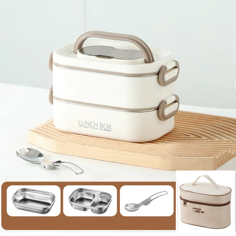 Fiambrera térmica de acero inoxidable 304 de doble capa de 1500ml con bolsa aislante, caja Bento a prueba de fugas, contenedor de comida para estudiantes adultos