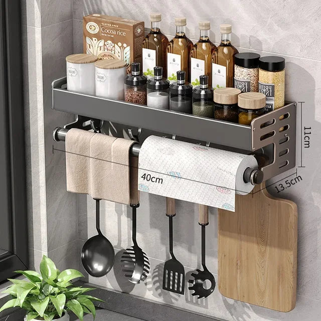 Elegante estante para condimentos de cocina montado en la pared con caja de almacenamiento, estante multifuncional para utensilios domésticos con dispensador de vinagre y aceite